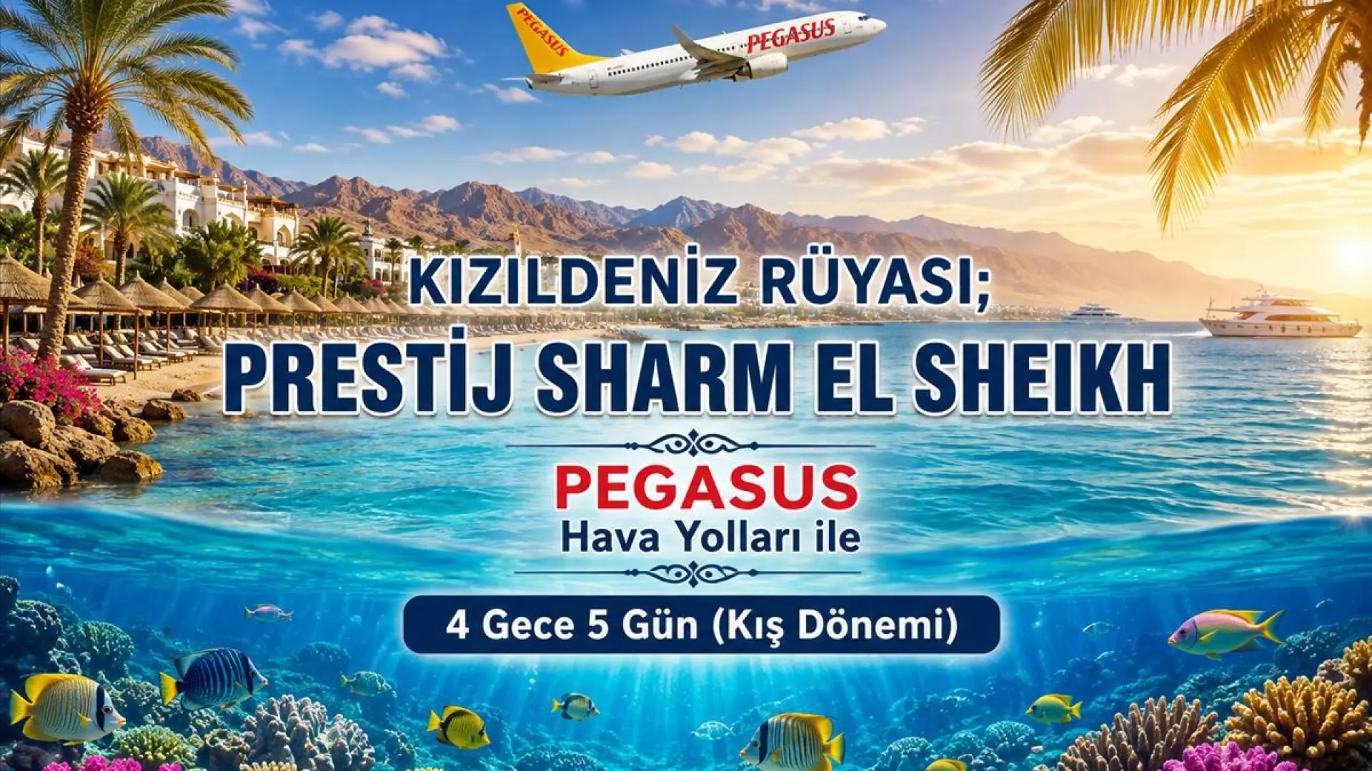 544- İstanbul Sabiha Gökçen Havalimanı Kalkışlı Pegasus Hava Yolları İle 4 Gece 5 Gün Kızıldeniz Rüyası Sharm El Sheikh (Kış Dönemi)