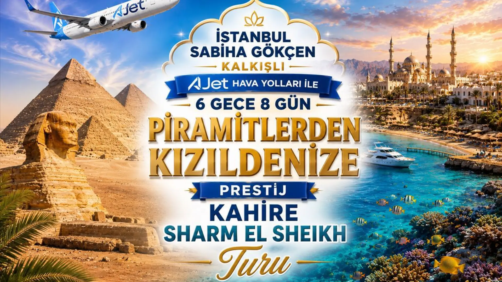467- İstanbul Sabiha Gökçen Havalimanı Kalkışlı AJET Hava Yolları İle 5 Gece 7 Gün Prestij Mısır Üçgeni Sharm El Sheikh & Kahire & Hurghada Turu