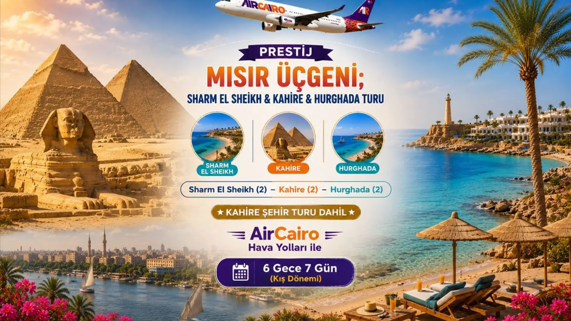 533- İstanbul Yeni Havalimanı Kalkışlı Air Cairo Hava Yolları İle 6 Gece 7 Gün Prestij Mısır Üçgeni ; Sharm El Sheikh & Kahire & Hurghada Turu